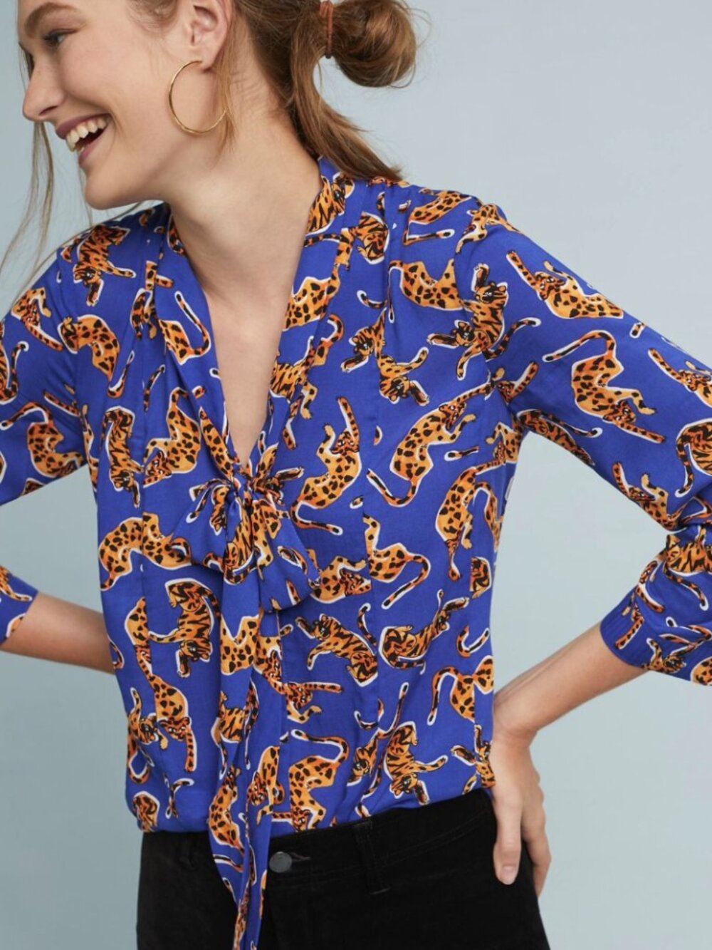 Conversations by Anthropologie (17 of 52) Blue Leopard Print Tie Neck Top XS